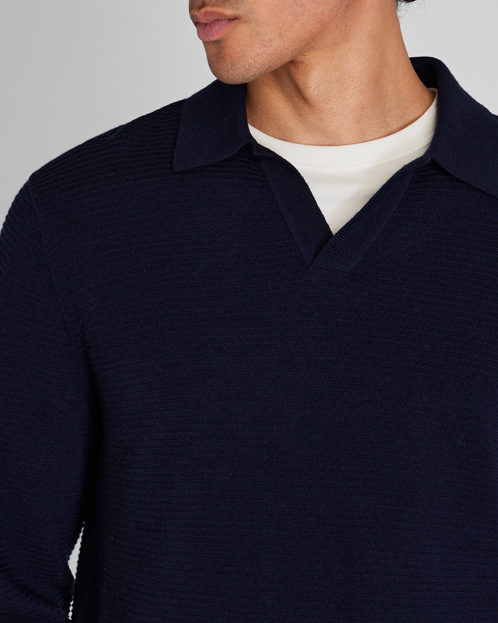 CLUB MONACO - Long-Sleeve Textured Johnny Collar Polo - Navy
