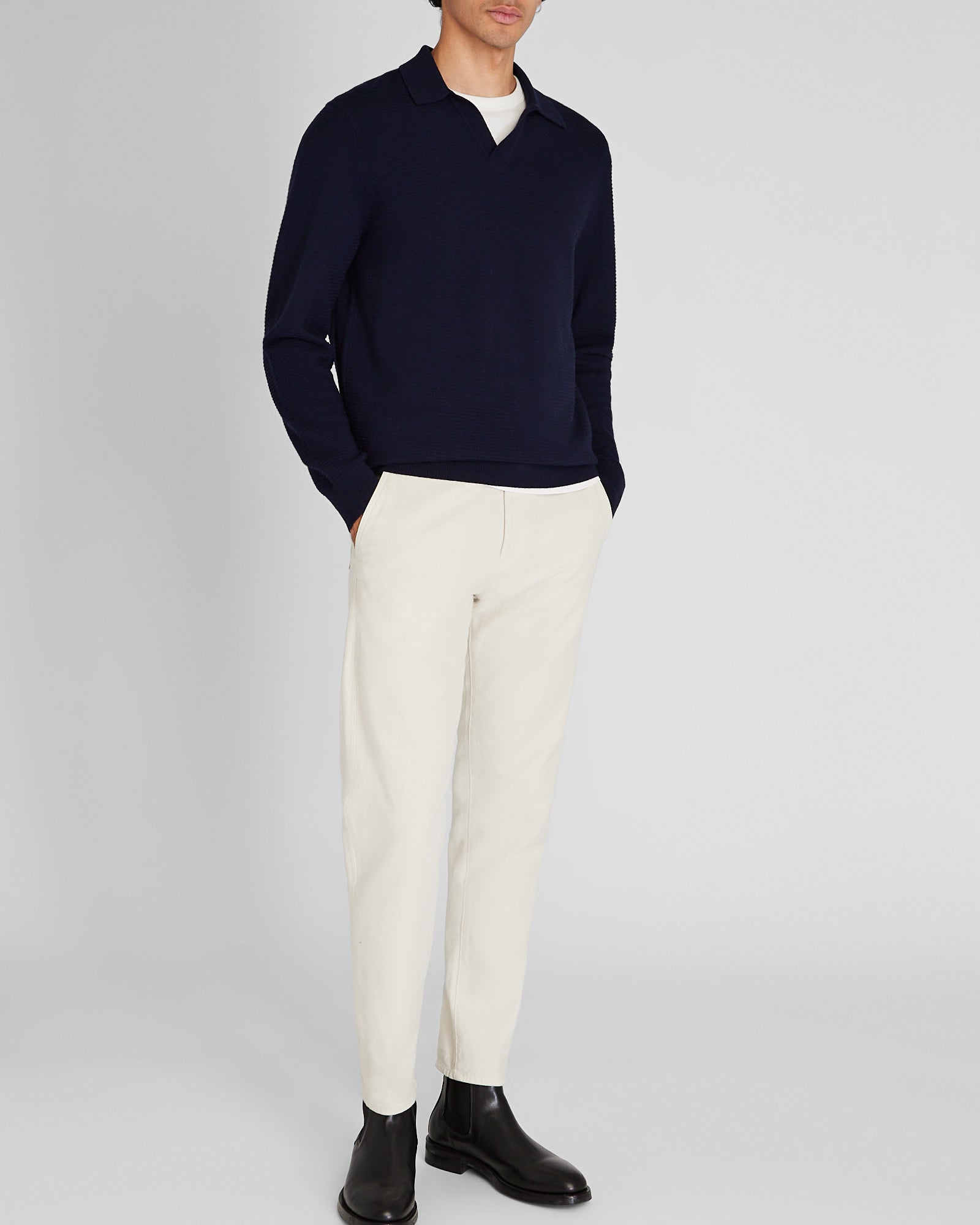 CLUB MONACO - Long-Sleeve Textured Johnny Collar Polo - Navy