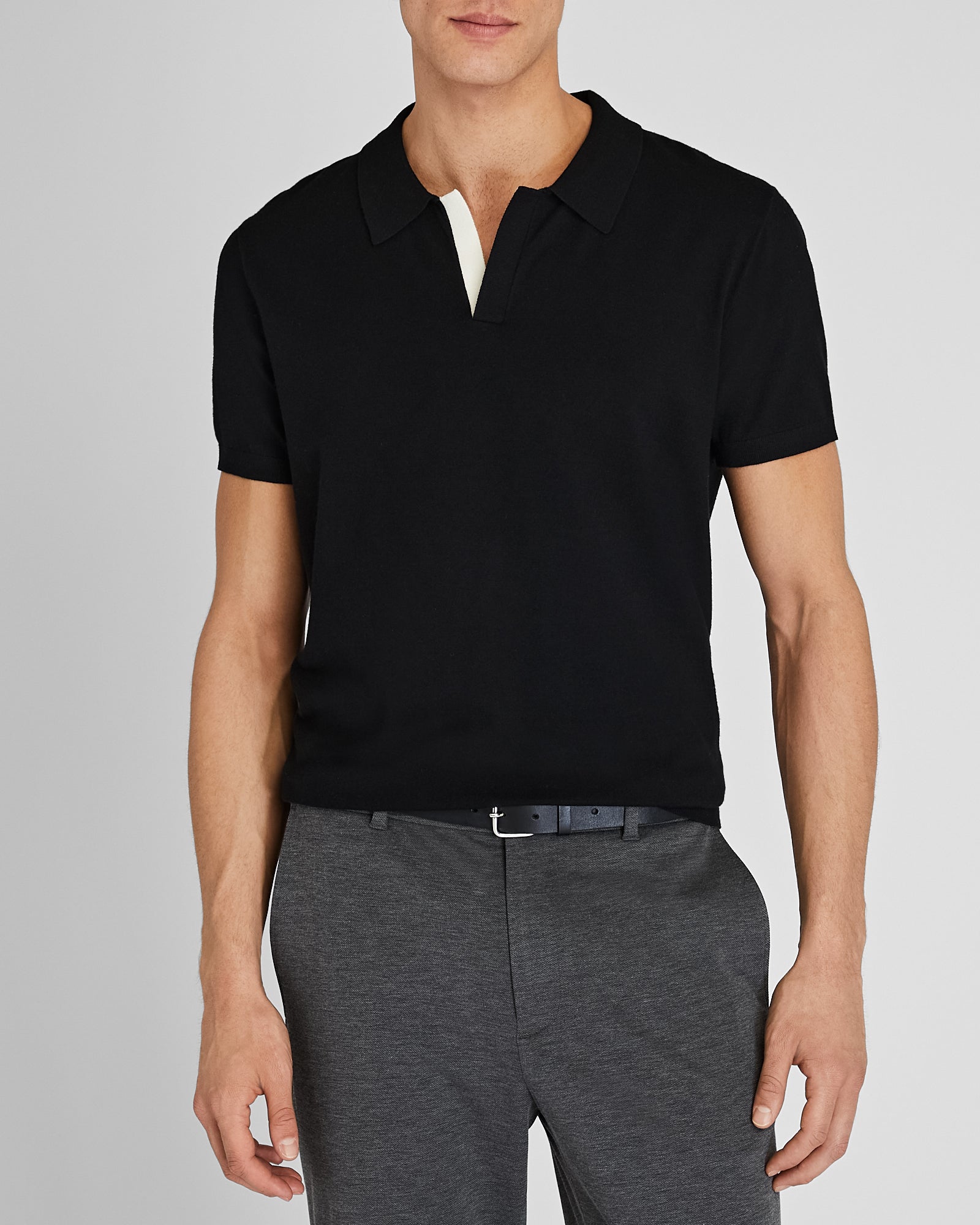 CLUB MONACO - Short-Sleeve Tech Contrast Johnny Collar Polo - Black