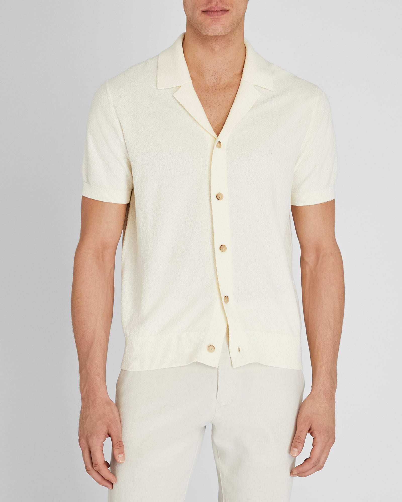 CLUB MONACO - Chandail en tricot bouclé à col camp et manches courtes - Crème