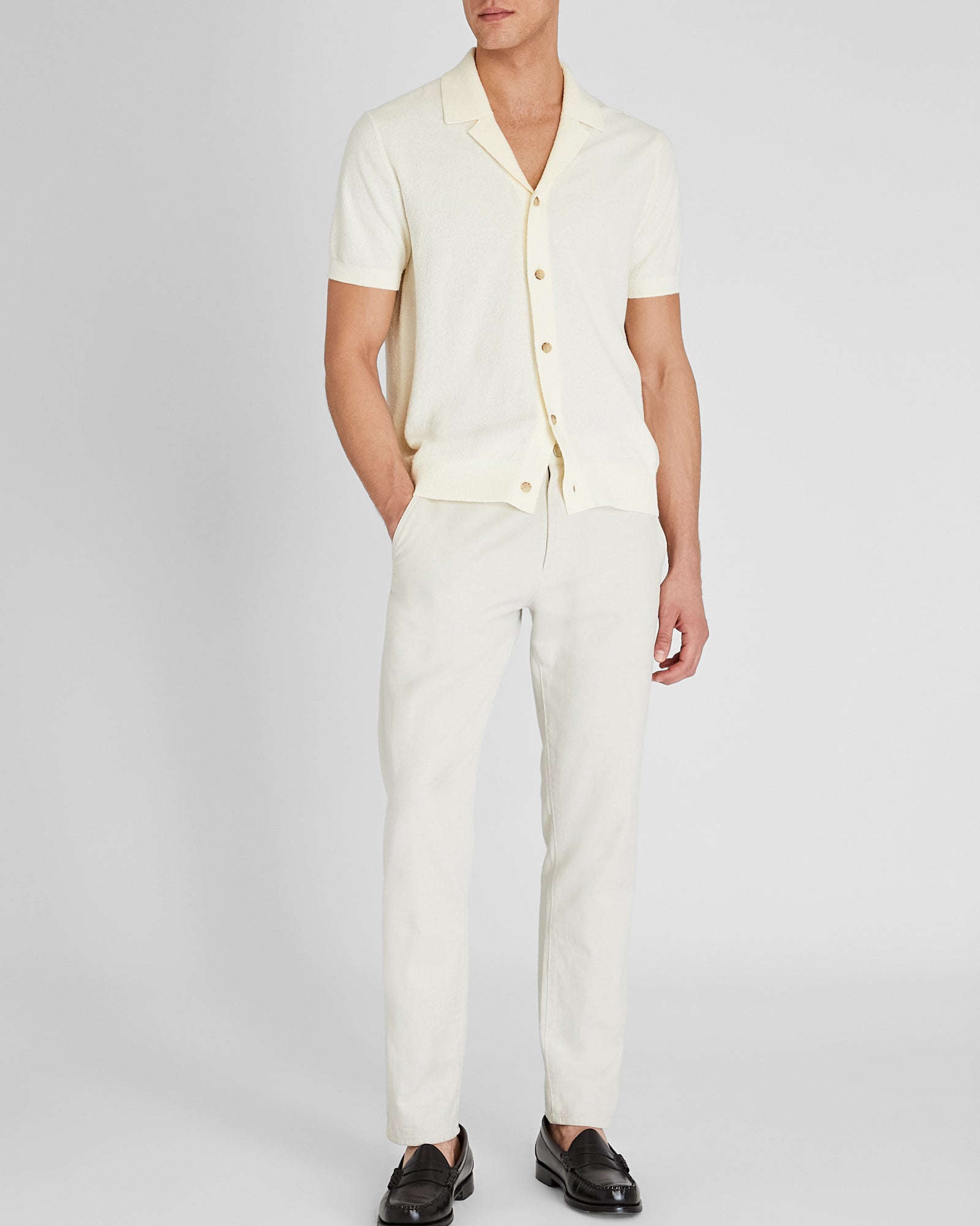 CLUB MONACO - Chandail en tricot bouclé à col camp et manches courtes - Argent