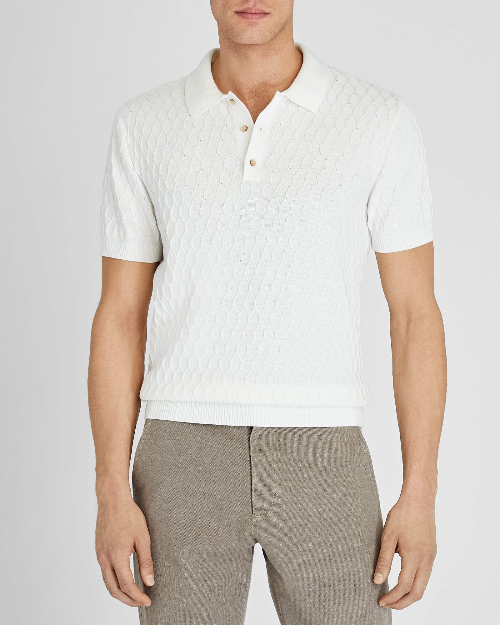 CLUB MONACO - Polo à motif losange à manches courtes - Blanc Cassé