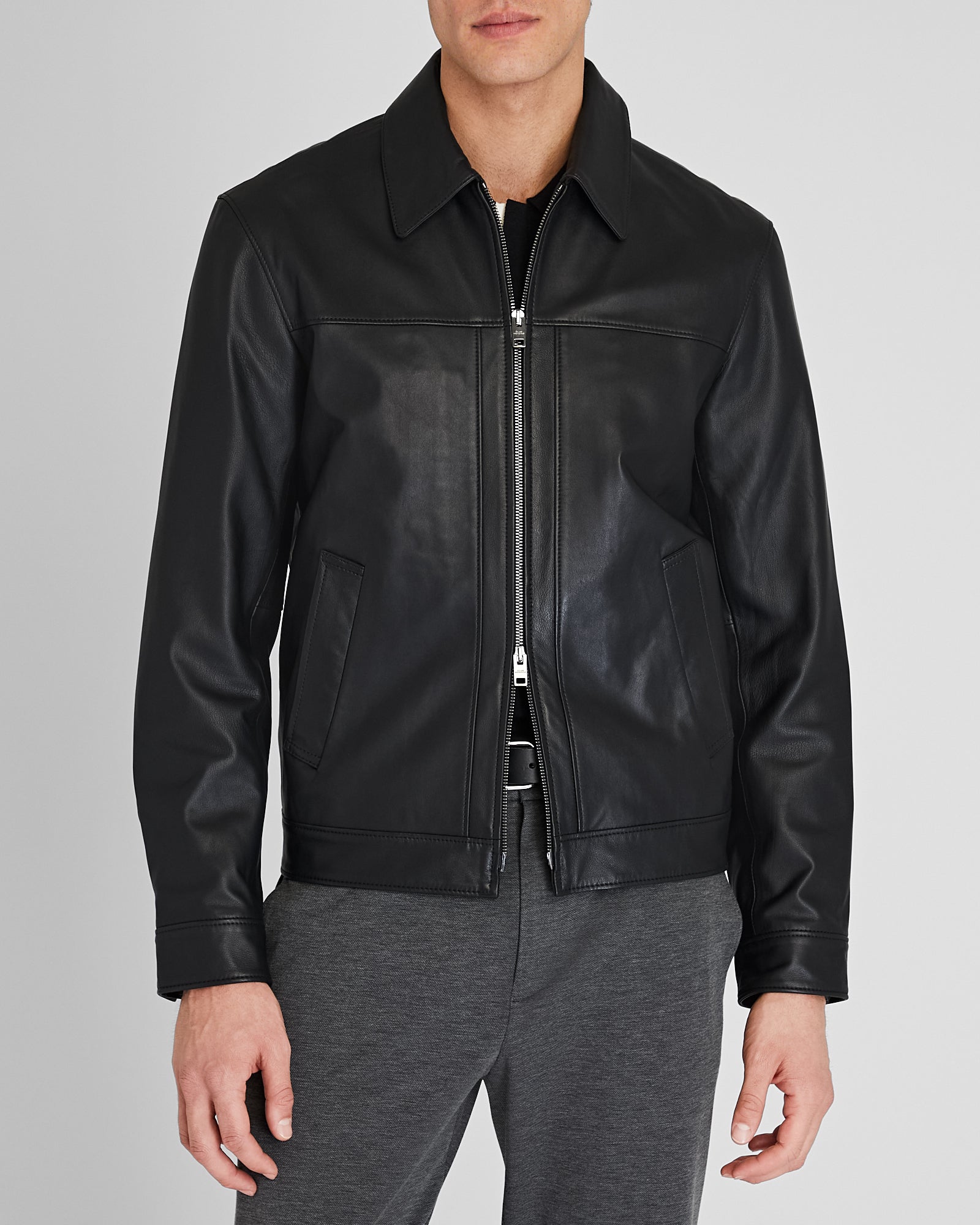 CLUB MONACO - Leather Zip Jacket - Noir