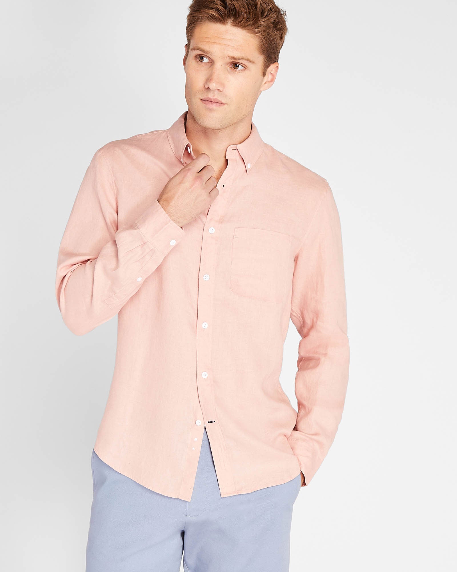 CLUB MONACO - Chemise manches longues en lin unie - Rose
