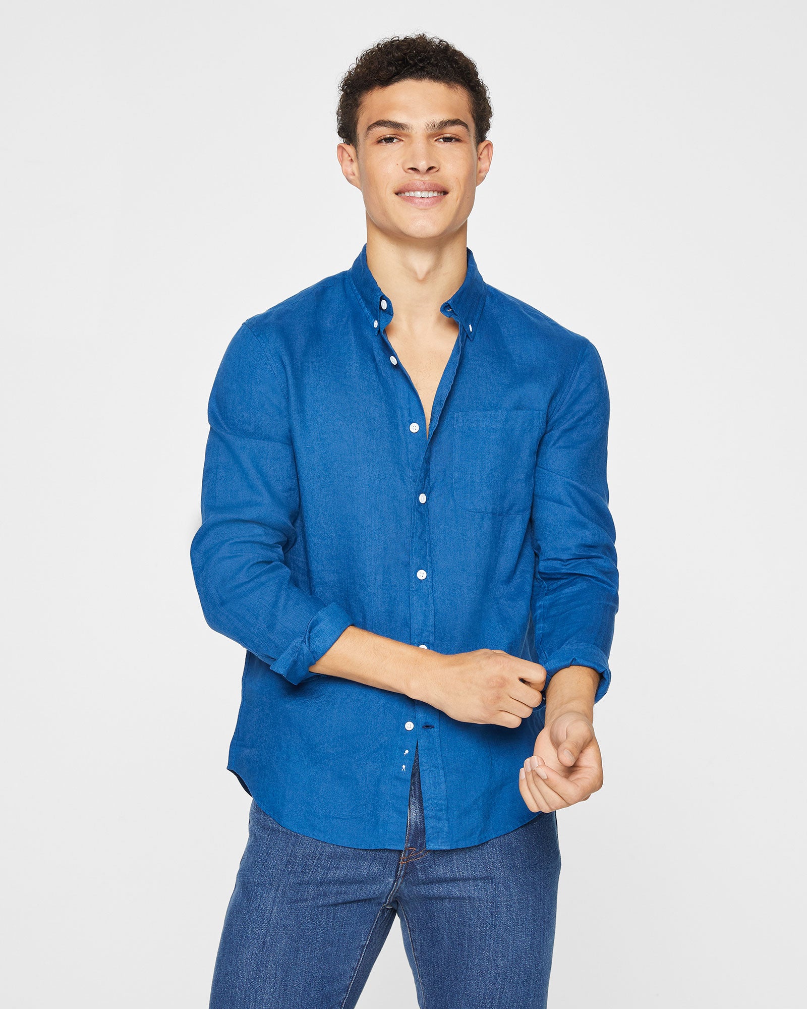 CLUB MONACO - Chemise manches longues en lin unie - Bleu