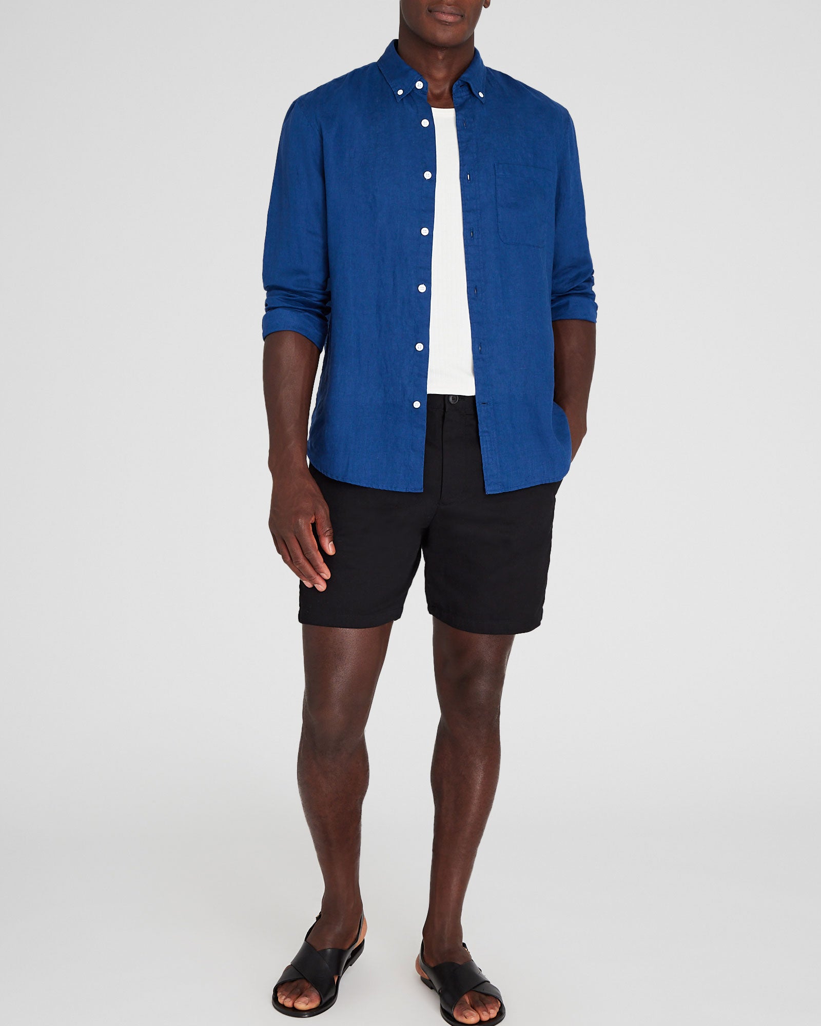 CLUB MONACO - Chemise manches longues en lin unie - Base bleue