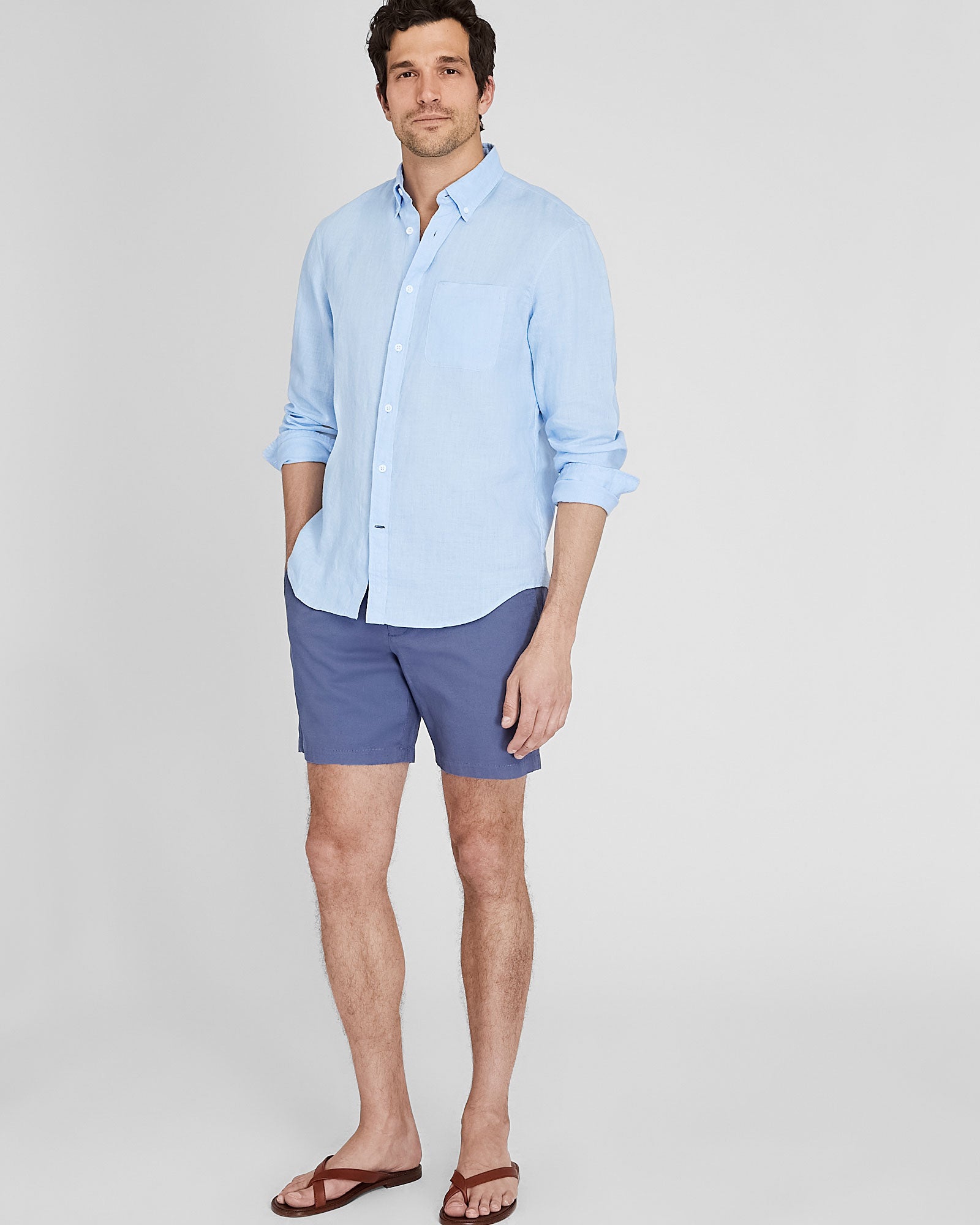 CLUB MONACO - Long-Sleeve Solid Linen Shirt - Light Blue Base