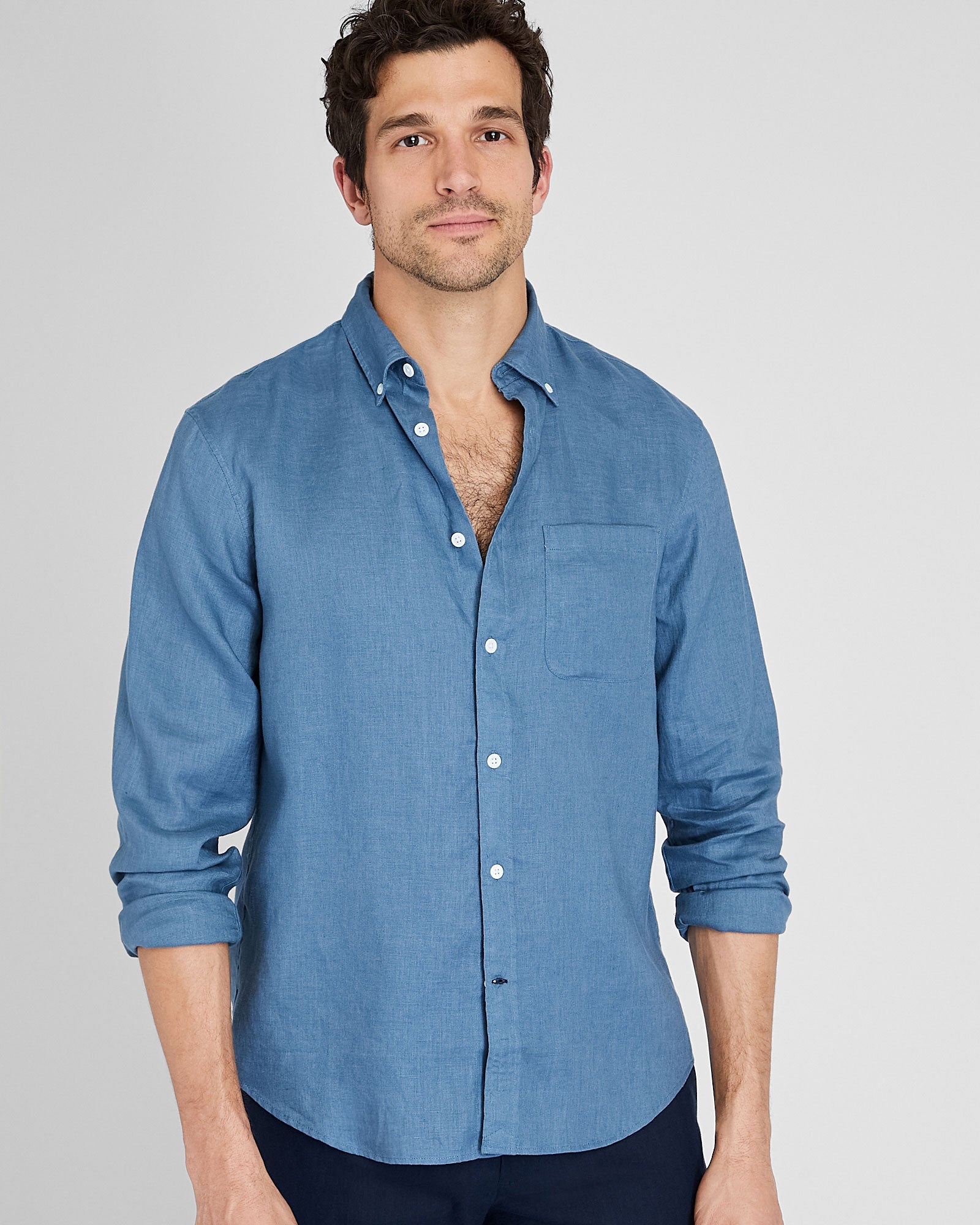 CLUB MONACO - Chemise manches longues en lin unie - Bleu moyen