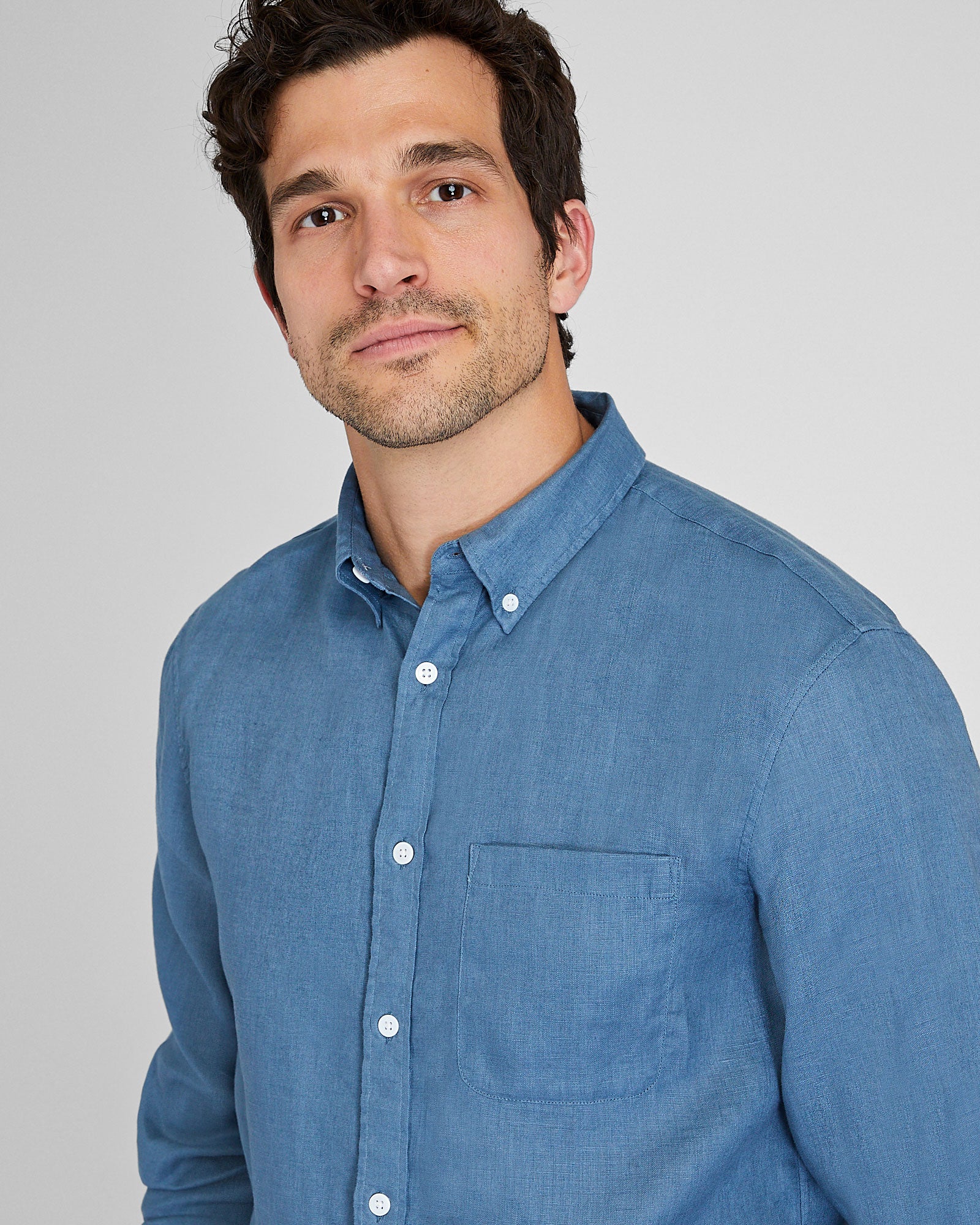 CLUB MONACO - Chemise manches longues en lin unie - Bleu moyen