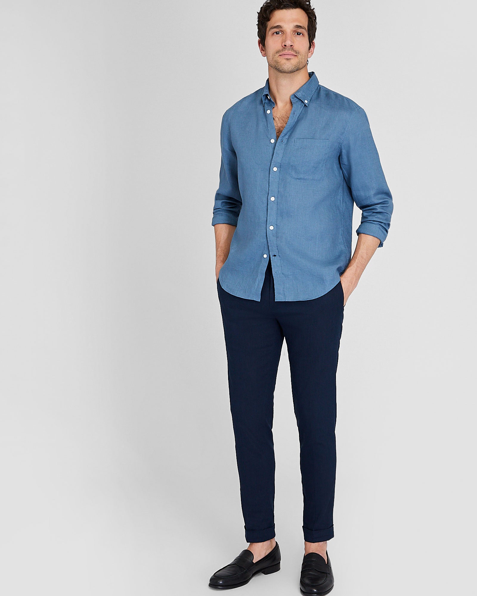 CLUB MONACO - Chemise manches longues en lin unie - Bleu moyen
