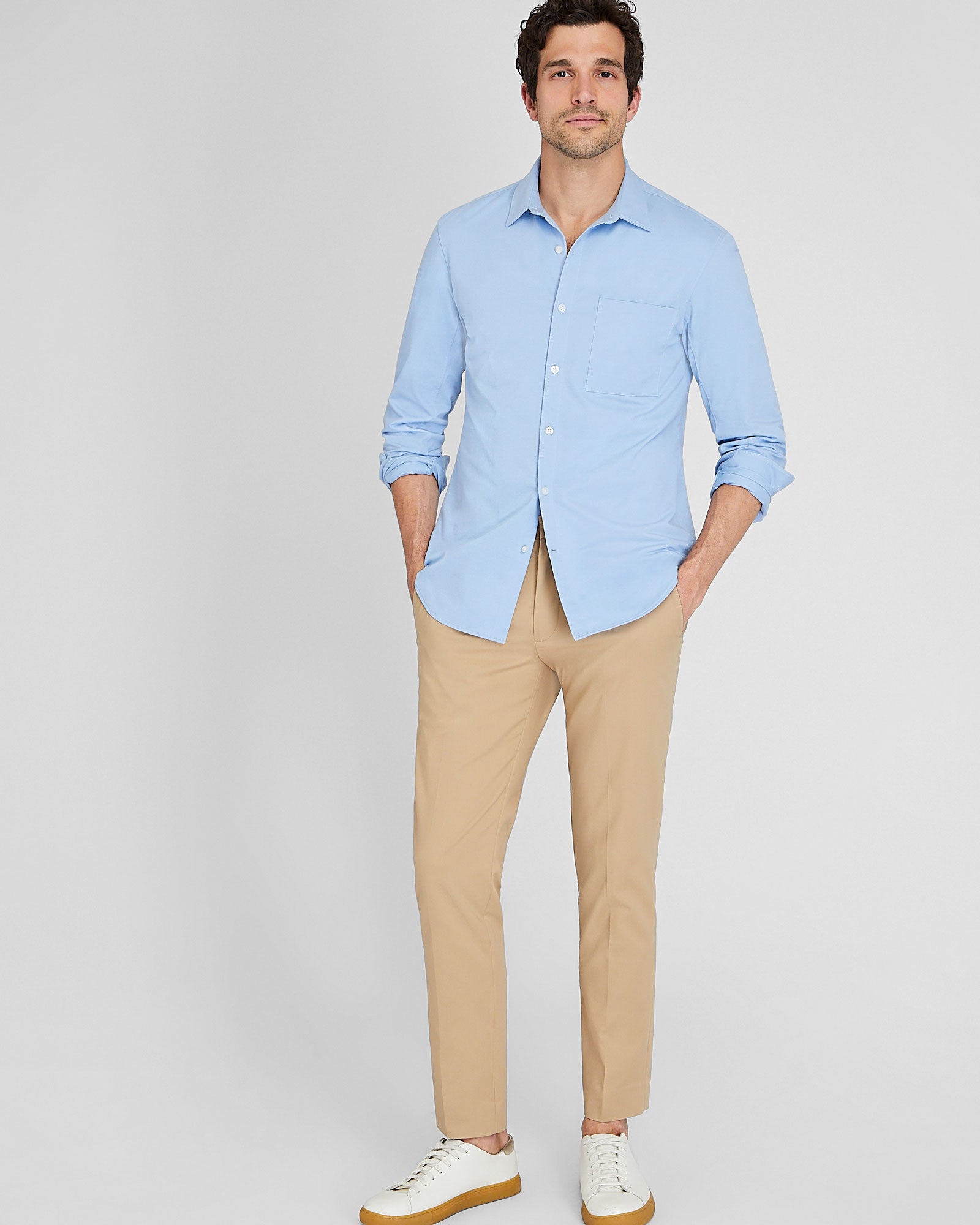 CLUB MONACO - Long Sleeve Pique Oxford Knit Shirt - Light Blue Base