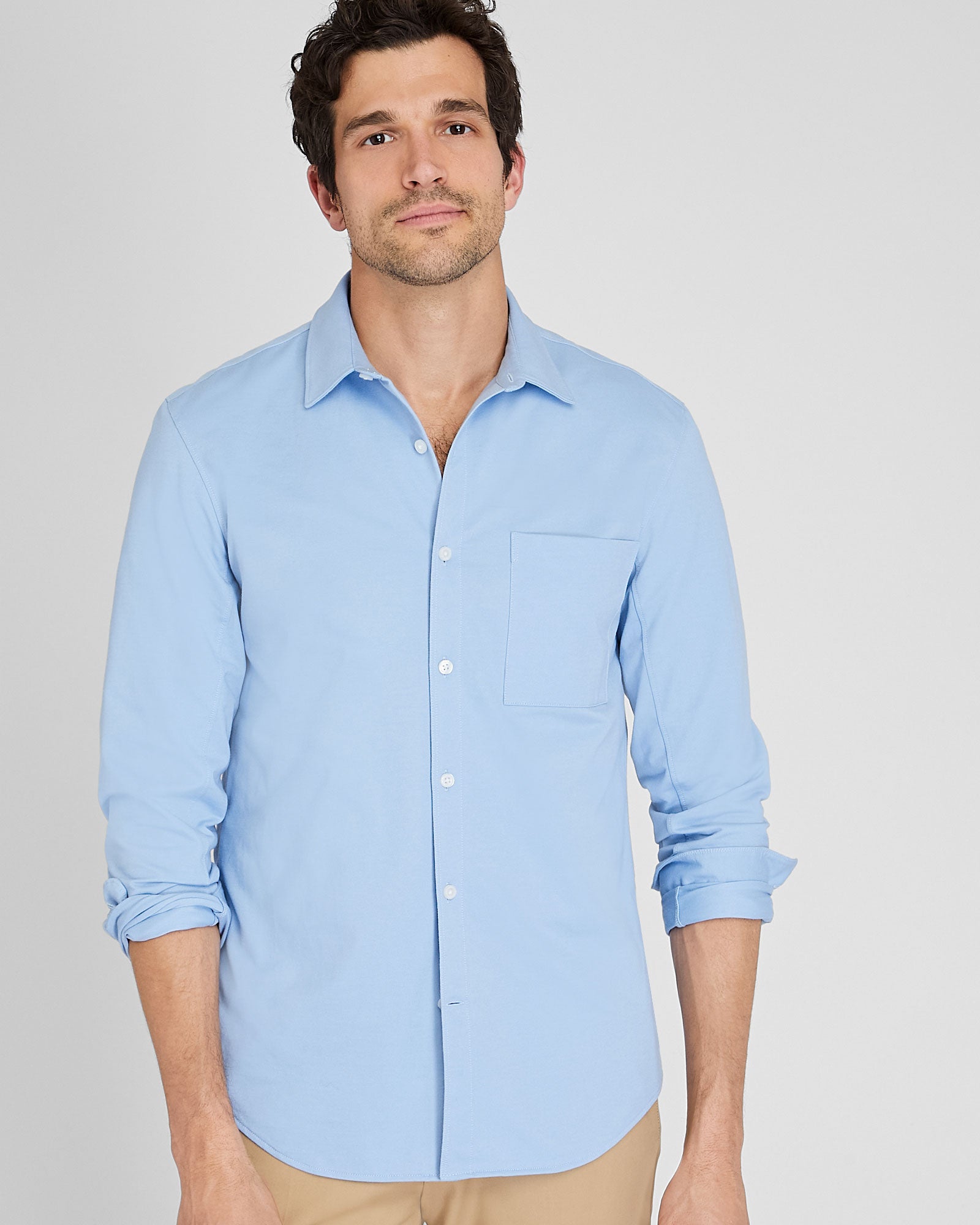 CLUB MONACO - Long Sleeve Pique Oxford Knit Shirt - Light Blue Base