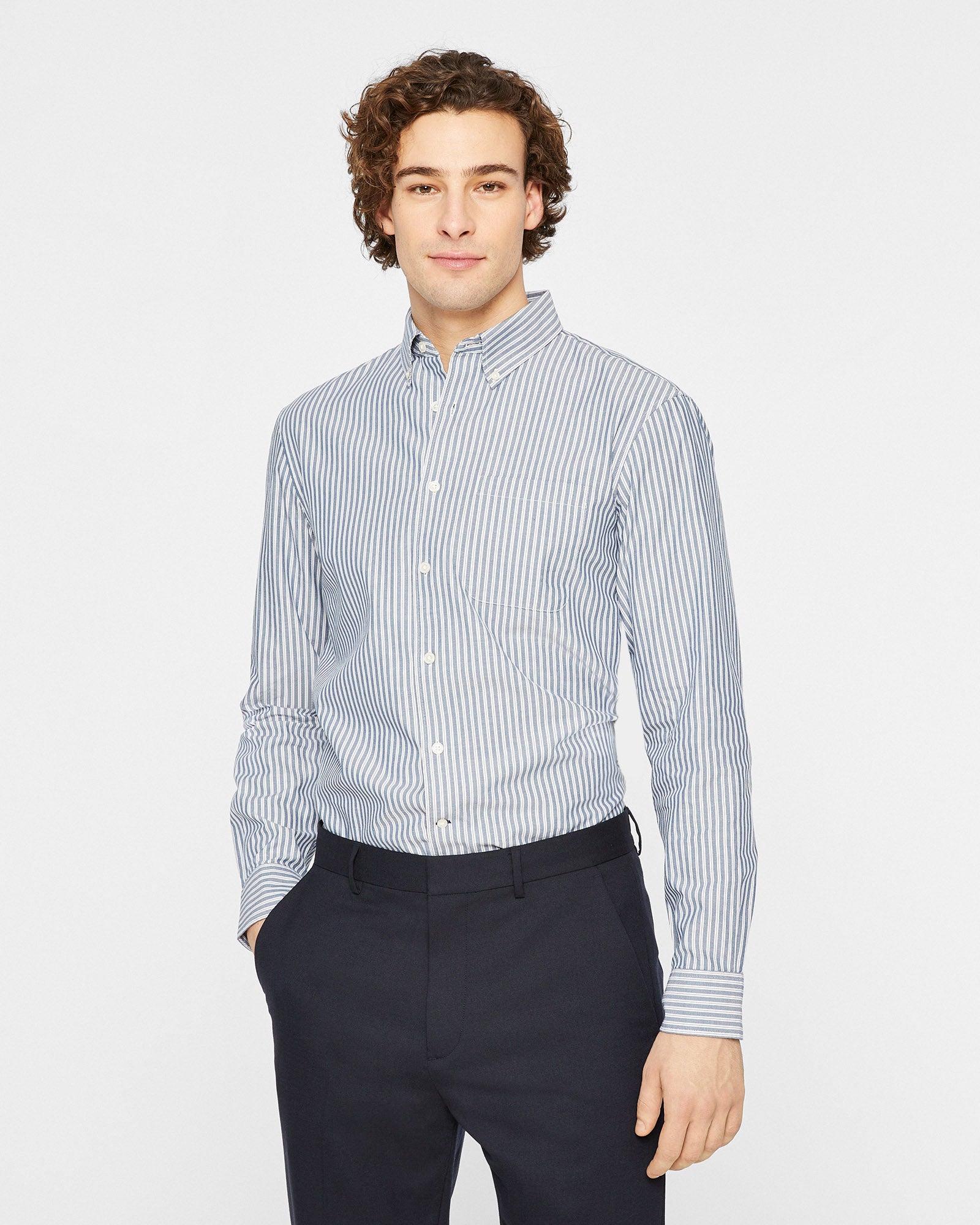 CLUB MONACO - Long-Sleeve Banker Stripe Poplin Shirt - White Base
